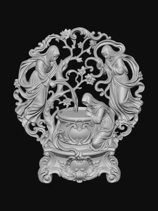 3D model for Hyper-realistic wooden carved Rococo–Art Nouveau high-relief statue composition of three veiled figures surrounding a kneeling figure at a stone well, stylized as symbolic allegory rather than literal realism.
Figures arranged in flowing circular S-composition.
Water streams transform into cascading scrollwork and decorative ribbons.
Clothing and veils dissolve into layered filigree and ornamental volutes.
Well structure becomes central cartouche pillar merging into rococo base.
Material:polished hardwood.Polychrome:deep colourful rich tones