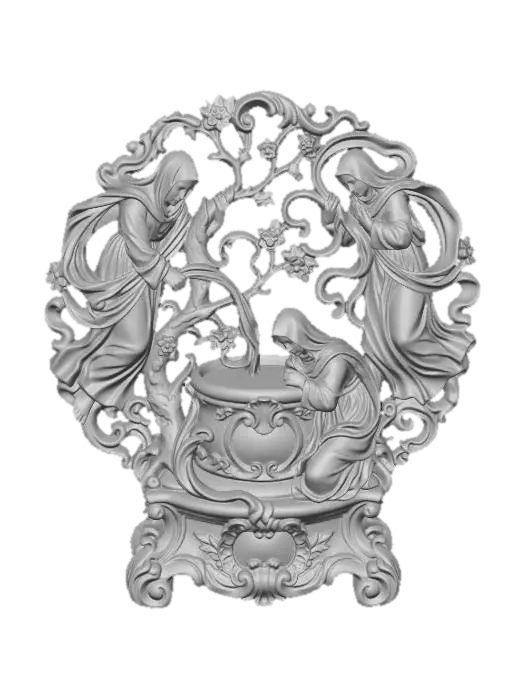 3D model for Hyper-realistic wooden carved Rococo–Art Nouveau high-relief statue composition of three veiled figures surrounding a kneeling figure at a stone well, stylized as symbolic allegory rather than literal realism.
Figures arranged in flowing circular S-composition. Water streams transform into cascading scrollwork and decorative ribbons. Clothing and veils dissolve into layered filigree and ornamental volutes.
Well structure becomes central cartouche pillar merging into rococo base.
Material:polished hardwood.Polychrome:deep colourful rich tones