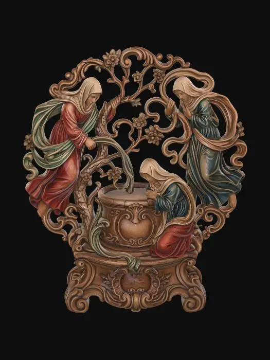 3D model for Hyper-realistic wooden carved Rococo–Art Nouveau high-relief statue composition of three veiled figures surrounding a kneeling figure at a stone well, stylized as symbolic allegory rather than literal realism.
Figures arranged in flowing circular S-composition.
Water streams transform into cascading scrollwork and decorative ribbons.
Clothing and veils dissolve into layered filigree and ornamental volutes.
Well structure becomes central cartouche pillar merging into rococo base.
Material:polished hardwood.Polychrome:deep colourful rich tones