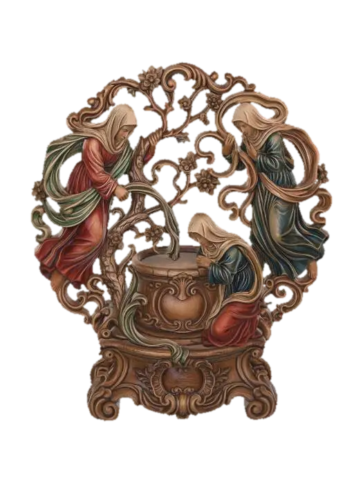 3D model for Hyper-realistic wooden carved Rococo–Art Nouveau high-relief statue composition of three veiled figures surrounding a kneeling figure at a stone well, stylized as symbolic allegory rather than literal realism.
Figures arranged in flowing circular S-composition. Water streams transform into cascading scrollwork and decorative ribbons. Clothing and veils dissolve into layered filigree and ornamental volutes.
Well structure becomes central cartouche pillar merging into rococo base.
Material:polished hardwood.Polychrome:deep colourful rich tones