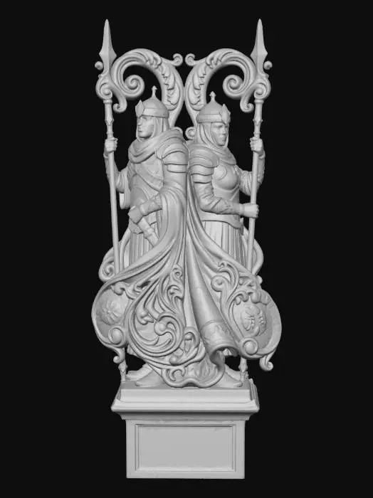3D model for Hyper-realistic wooden carved Rococo–Art Nouveau statue of desert guards in layered armor and cloth garments, standing in calm authority.
Spears and weapons curl into structural volutes. Fabric folds dissolve into flowing S-curves and decorative filigree. Symbols integrate into ornamental cartouches.
Material:polished hardwood.Polychrome:deep colourful rich tones