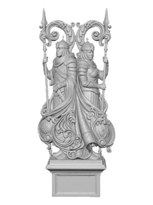3D model for Hyper-realistic wooden carved Rococo–Art Nouveau statue of desert guards in layered armor and cloth garments, standing in calm authority.
Spears and weapons curl into structural volutes. Fabric folds dissolve into flowing S-curves and decorative filigree. Symbols integrate into ornamental cartouches.
Material:polished hardwood.Polychrome:deep colourful rich tones