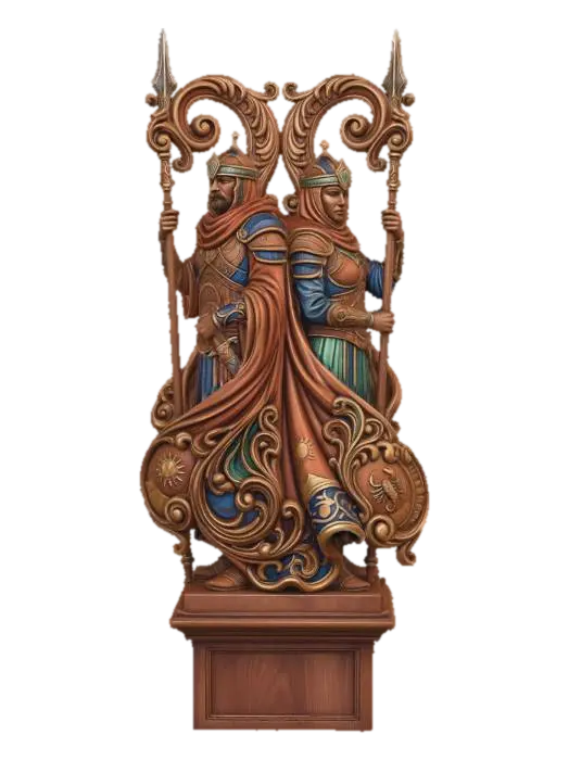 3D model for Hyper-realistic wooden carved Rococo–Art Nouveau statue of desert guards in layered armor and cloth garments, standing in calm authority.
Spears and weapons curl into structural volutes. Fabric folds dissolve into flowing S-curves and decorative filigree. Symbols integrate into ornamental cartouches.
Material:polished hardwood.Polychrome:deep colourful rich tones