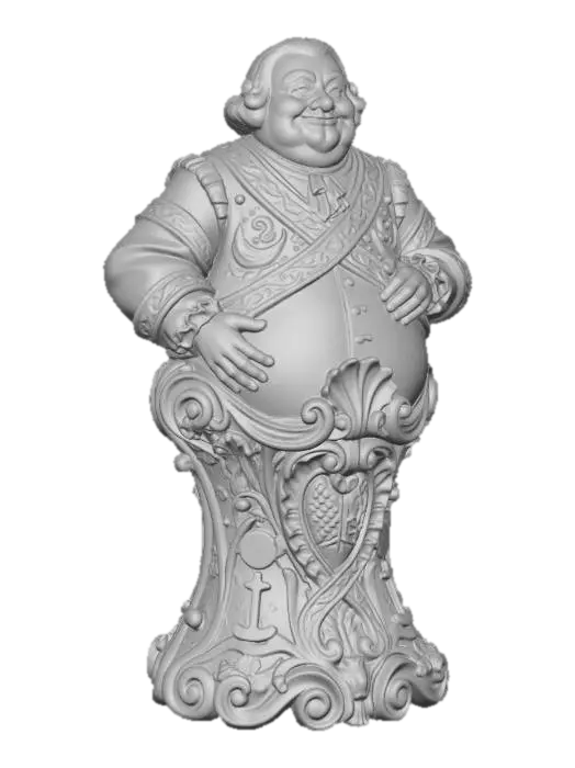 3D model for Hyper-realistic wooden carved Rococo–Art Nouveau statue of a cheerful, rotund merchant with soft exaggerated proportions, hands resting on belly.
Body mass transitions into a swelling central rocaille structure forming the pillar. Garments expand outward into curved layered scrollwork and decorative ribbons. Commercial symbols abstract into cartouches and volutes.
Material:polished hardwood.Polychrome:deep colourful rich tones