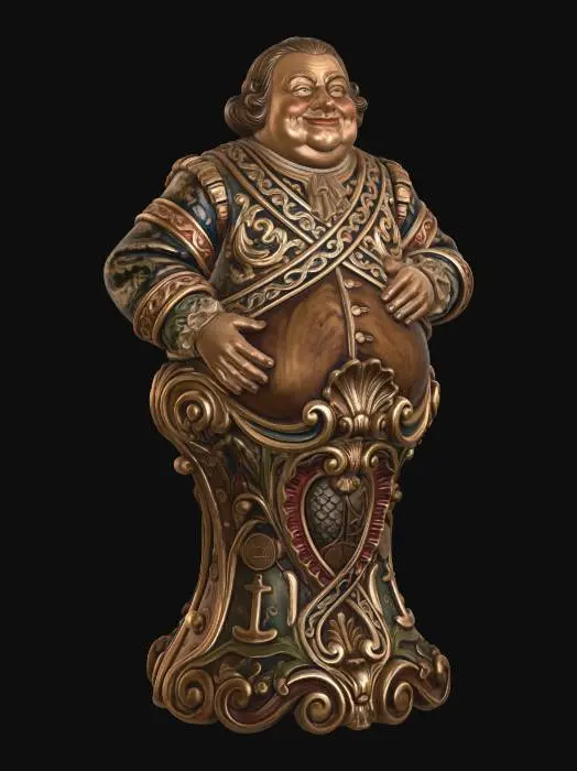 3D model for Hyper-realistic wooden carved Rococo–Art Nouveau statue of a cheerful, rotund merchant with soft exaggerated proportions, hands resting on belly.
Body mass transitions into a swelling central rocaille structure forming the pillar. Garments expand outward into curved layered scrollwork and decorative ribbons. Commercial symbols abstract into cartouches and volutes.
Material:polished hardwood.Polychrome:deep colourful rich tones