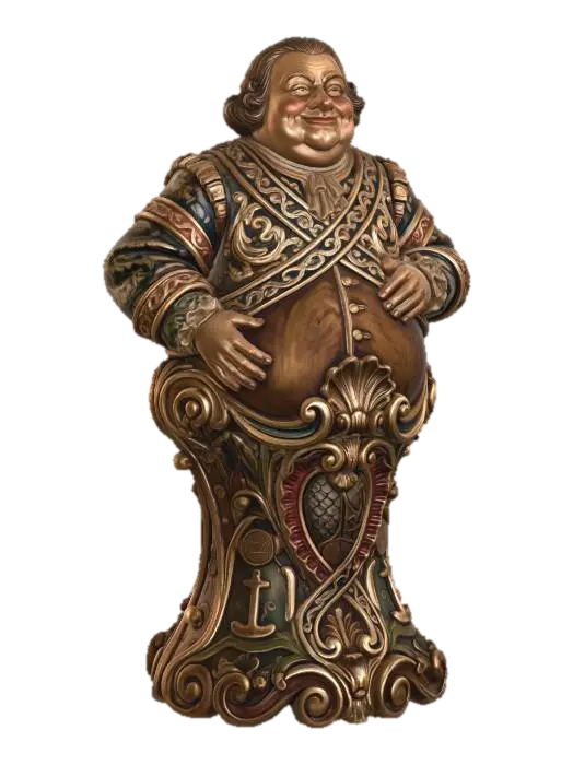 3D model for Hyper-realistic wooden carved Rococo–Art Nouveau statue of a cheerful, rotund merchant with soft exaggerated proportions, hands resting on belly.
Body mass transitions into a swelling central rocaille structure forming the pillar. Garments expand outward into curved layered scrollwork and decorative ribbons. Commercial symbols abstract into cartouches and volutes.
Material:polished hardwood.Polychrome:deep colourful rich tones