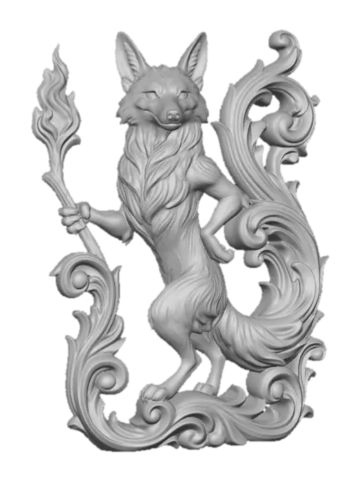 3D model for Hyper-realistic wooden carved Rococo–Art Nouveau statue of a cunning anthropomorphic desert trickster animal holding explosive stick and flame, posed in mischievous contrapposto.
Tail elongates into sweeping rocaille scrollwork forming the pillar.
Fur transitions into carved flowing filigree textures.
Props morph into decorative cartouches and volutes.
Material: fine hardwood with detailed fur carving.
Polychrome: warm browns, ochres, subtle highlights.