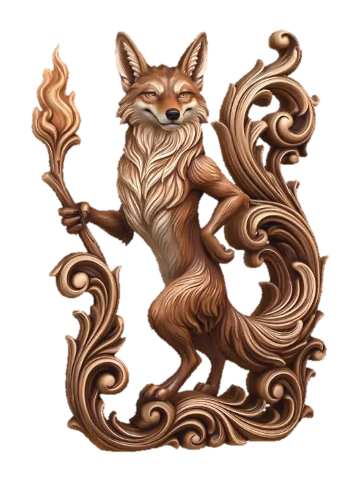 3D model for Hyper-realistic wooden carved Rococo–Art Nouveau statue of a cunning anthropomorphic desert trickster animal holding explosive stick and flame, posed in mischievous contrapposto.
Tail elongates into sweeping rocaille scrollwork forming the pillar.
Fur transitions into carved flowing filigree textures.
Props morph into decorative cartouches and volutes.
Material: fine hardwood with detailed fur carving.
Polychrome: warm browns, ochres, subtle highlights.