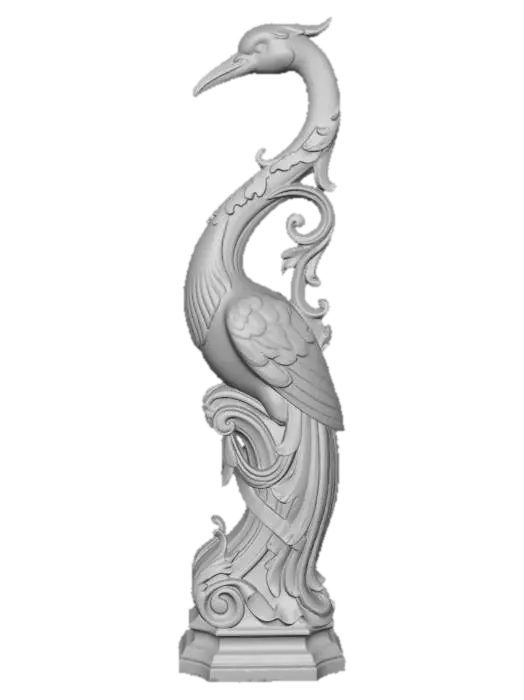 3D model for Hyper-realistic wooden carved Rococo–Art Nouveau statue of a tall slender stylized bird with elongated legs and expressive pose.
Neck curves into a dramatic S-shaped structural column. Feathers fan outward into layered rocaille scrollwork and decorative ribbons. Body integrates seamlessly into console-pillar base.
Material: polished hardwood with fine feather detailing. Polychrome: vibrant blues, soft teals, warm beak tones.