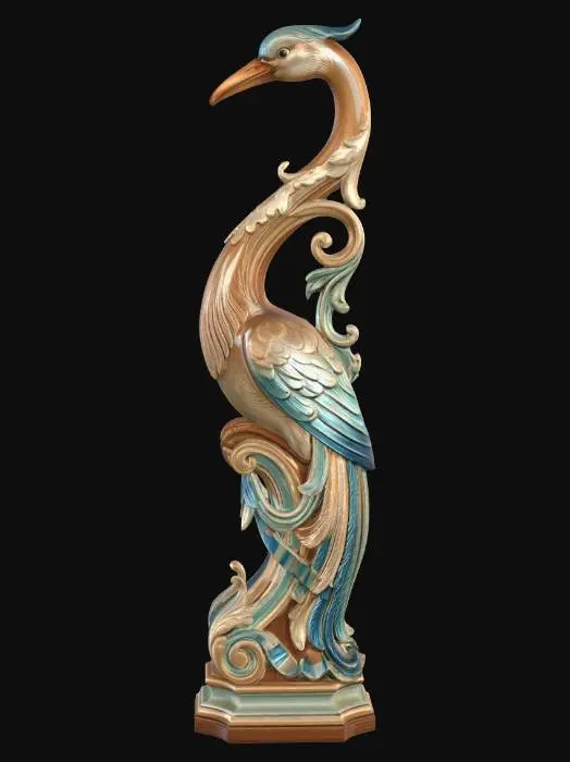 3D model for Hyper-realistic wooden carved Rococo–Art Nouveau statue of a tall slender stylized bird with elongated legs and expressive pose.
Neck curves into a dramatic S-shaped structural column. Feathers fan outward into layered rocaille scrollwork and decorative ribbons. Body integrates seamlessly into console-pillar base.
Material: polished hardwood with fine feather detailing. Polychrome: vibrant blues, soft teals, warm beak tones.