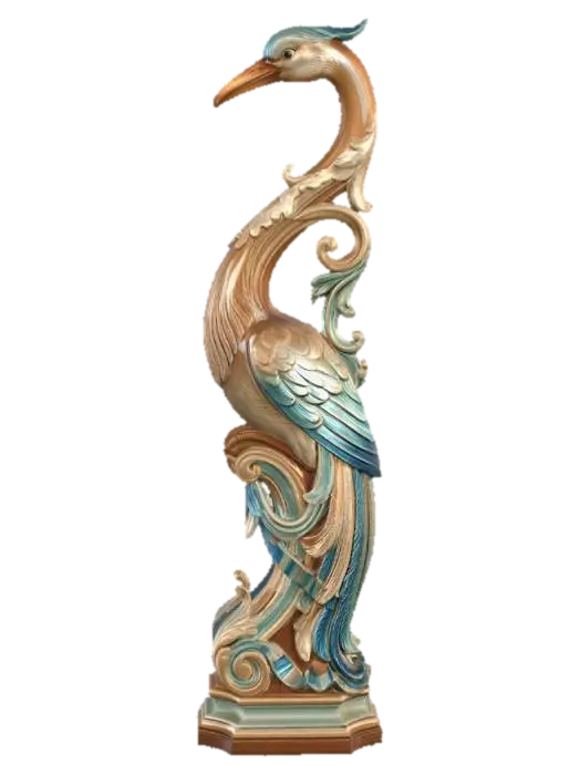 3D model for Hyper-realistic wooden carved Rococo–Art Nouveau statue of a tall slender stylized bird with elongated legs and expressive pose.
Neck curves into a dramatic S-shaped structural column. Feathers fan outward into layered rocaille scrollwork and decorative ribbons. Body integrates seamlessly into console-pillar base.
Material: polished hardwood with fine feather detailing. Polychrome: vibrant blues, soft teals, warm beak tones.