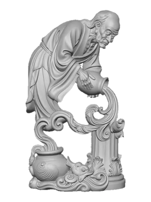 3D model for Hyper-realistic wooden carved Rococo–Art Nouveau statue of a hunched elderly figure pouring liquid from a vessel into a pot, exaggerated facial features.
Liquid stream transforms into flowing ribbon-like scrollwork merging into the pillar. Pot and vessel evolve into rounded rocaille forms and ornamental shells. Body posture creates a dynamic asymmetrical S-curve.
Material:polished hardwood.Polychrome:deep colourful rich tones