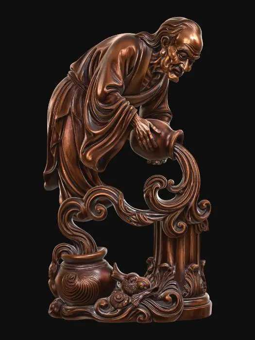 3D model for Hyper-realistic wooden carved Rococo–Art Nouveau statue of a hunched elderly figure pouring liquid from a vessel into a pot, exaggerated facial features.
Liquid stream transforms into flowing ribbon-like scrollwork merging into the pillar. Pot and vessel evolve into rounded rocaille forms and ornamental shells. Body posture creates a dynamic asymmetrical S-curve.
Material:polished hardwood.Polychrome:deep colourful rich tones