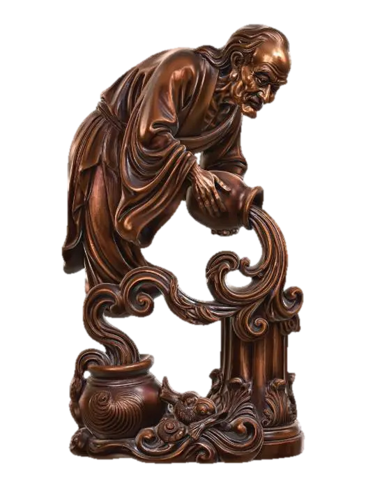 3D model for Hyper-realistic wooden carved Rococo–Art Nouveau statue of a hunched elderly figure pouring liquid from a vessel into a pot, exaggerated facial features.
Liquid stream transforms into flowing ribbon-like scrollwork merging into the pillar. Pot and vessel evolve into rounded rocaille forms and ornamental shells. Body posture creates a dynamic asymmetrical S-curve.
Material:polished hardwood.Polychrome:deep colourful rich tones