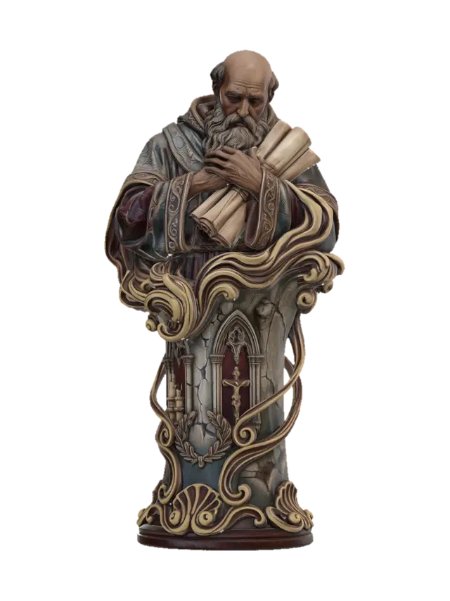 Modello 3D Hyper-realistic wooden carved Rococo–Art Nouveau bust of an elderly bald monk-like… - Scribe, generato dall’IA