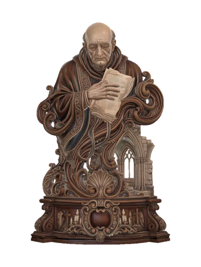 Modello 3D Hyper-realistic wooden carved Rococo–Art Nouveau bust of an elderly bald monk-like… - Scribe, generato dall’IA