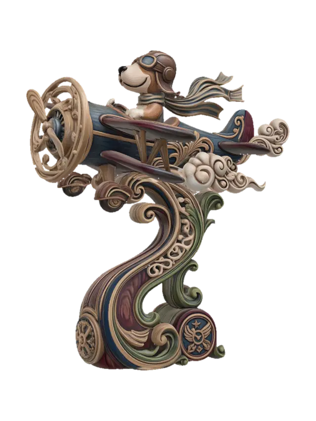 Hyper-realistic wooden carved Rococo–Art Nouveau statue of a joyful cartoon aviator… - Snoopy 3D model, vytvořený pomocí AI