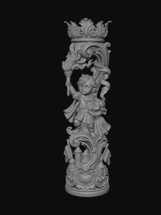 3D model for Hyper-realistic wooden carved Rococo–Art Nouveau caricatural chibi dual-figure statue of a courageous young swordsman holding a raised torch beside a smaller blonde child companion clinging protectively to him. Flowing tunics, torch flames and heroic movement erupt into monumental S-curved Rococo scrollwork and dramatic Art Nouveau ribbons forming an integrated console-pillar. Castle stones and medieval banners dissolve into decorative cartouches and layered rocaille volutes. The torch flame becomes a swirling ornamental crown of flowing carved filigree above the composition. Material: polished hardwood.Polychrome: deep rich colourful tones