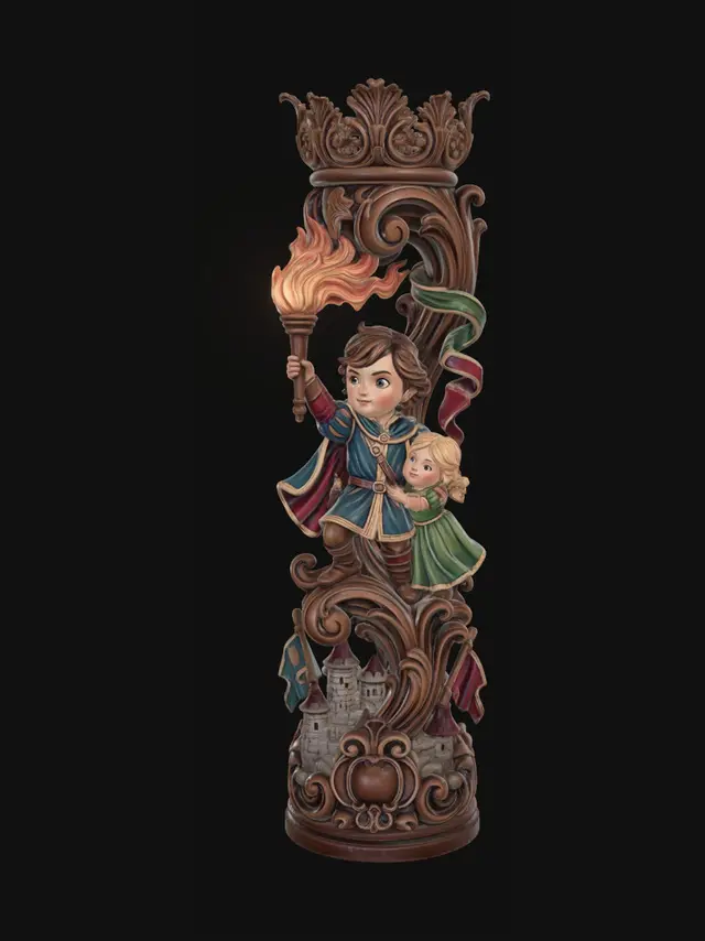 3D model for Hyper-realistic wooden carved Rococo–Art Nouveau caricatural chibi dual-figure statue of a courageous young swordsman holding a raised torch beside a smaller blonde child companion clinging protectively to him. Flowing tunics, torch flames and heroic movement erupt into monumental S-curved Rococo scrollwork and dramatic Art Nouveau ribbons forming an integrated console-pillar. Castle stones and medieval banners dissolve into decorative cartouches and layered rocaille volutes. The torch flame becomes a swirling ornamental crown of flowing carved filigree above the composition. Material: polished hardwood.Polychrome: deep rich colourful tones