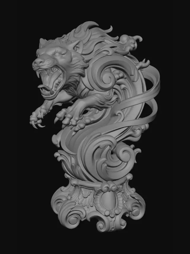 3D model for Hyper-realistic wooden carved Rococo–Art Nouveau caricatural bust of a feral Tasmanian beast creature spinning violently with enormous jaws, elongated claws and chaotic whirlwind motion. Wild fur and tornado-like movement dissolve into monumental S-waved Rococo scrollwork and spiraling Art Nouveau ornamental ribbons integrated into a dynamic console-pillar. Clawed paws, dust clouds and savage cartoon energy abstract into decorative cartouches and layered rocaille volutes embedded throughout the sculpture. The exaggerated tongue and sharp teeth merge seamlessly into flowing carved filigree structures with dramatic motion. Material: hardwood.Polychrome: deep rich colourful tones ,warm brown fur tones, ivory fangs, dark crimson mouth interiors and smoky sepia highlights