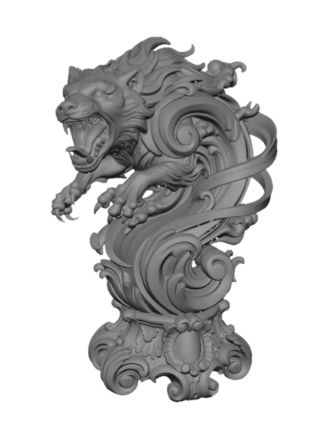 3D model for Hyper-realistic wooden carved Rococo–Art Nouveau caricatural bust of a feral Tasmanian beast creature spinning violently with enormous jaws, elongated claws and chaotic whirlwind motion. Wild fur and tornado-like movement dissolve into monumental S-waved Rococo scrollwork and spiraling Art Nouveau ornamental ribbons integrated into a dynamic console-pillar. Clawed paws, dust clouds and savage cartoon energy abstract into decorative cartouches and layered rocaille volutes embedded throughout the sculpture. The exaggerated tongue and sharp teeth merge seamlessly into flowing carved filigree structures with dramatic motion. Material: hardwood.Polychrome: deep rich colourful tones ,warm brown fur tones, ivory fangs, dark crimson mouth interiors and smoky sepia highlights