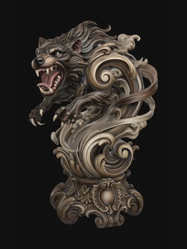 3D model for Hyper-realistic wooden carved Rococo–Art Nouveau caricatural bust of a feral Tasmanian beast creature spinning violently with enormous jaws, elongated claws and chaotic whirlwind motion. Wild fur and tornado-like movement dissolve into monumental S-waved Rococo scrollwork and spiraling Art Nouveau ornamental ribbons integrated into a dynamic console-pillar. Clawed paws, dust clouds and savage cartoon energy abstract into decorative cartouches and layered rocaille volutes embedded throughout the sculpture. The exaggerated tongue and sharp teeth merge seamlessly into flowing carved filigree structures with dramatic motion. Material: hardwood.Polychrome: deep rich colourful tones ,warm brown fur tones, ivory fangs, dark crimson mouth interiors and smoky sepia highlights