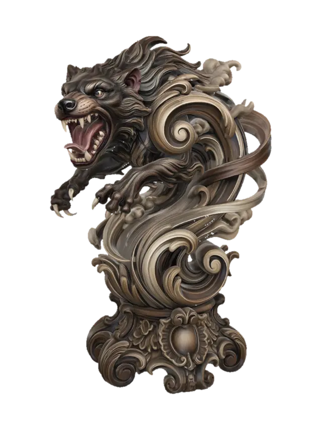 3D model for Hyper-realistic wooden carved Rococo–Art Nouveau caricatural bust of a feral Tasmanian beast creature spinning violently with enormous jaws, elongated claws and chaotic whirlwind motion. Wild fur and tornado-like movement dissolve into monumental S-waved Rococo scrollwork and spiraling Art Nouveau ornamental ribbons integrated into a dynamic console-pillar. Clawed paws, dust clouds and savage cartoon energy abstract into decorative cartouches and layered rocaille volutes embedded throughout the sculpture. The exaggerated tongue and sharp teeth merge seamlessly into flowing carved filigree structures with dramatic motion. Material: hardwood.Polychrome: deep rich colourful tones ,warm brown fur tones, ivory fangs, dark crimson mouth interiors and smoky sepia highlights