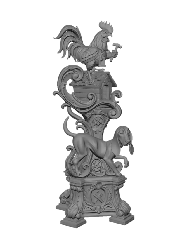3D model for Hyper-realistic wooden carved Rococo–Art Nouveau caricatural chibi dual-figure statue of a furious rooster carpenter hammering atop a doghouse while a terrified hound stretches awkwardly beneath it. The rooster feathers, wooden architecture and elongated dog anatomy dissolve into monumental S-waved Rococo scrollwork and dynamic Art Nouveau ribbons forming a comedic console-pillar. Hammer motifs, carpentry insignias, feathers and geometric decorative emblems abstract into ornate cartouches and curling rocaille volutes integrated throughout the structure. The doghouse itself morphs into a layered architectural pedestal with shell-like supports Material: hardwood. Polychrome: deep rich colourful tones ,vivid reds, creamy whites, faded blues and antique gold highlights