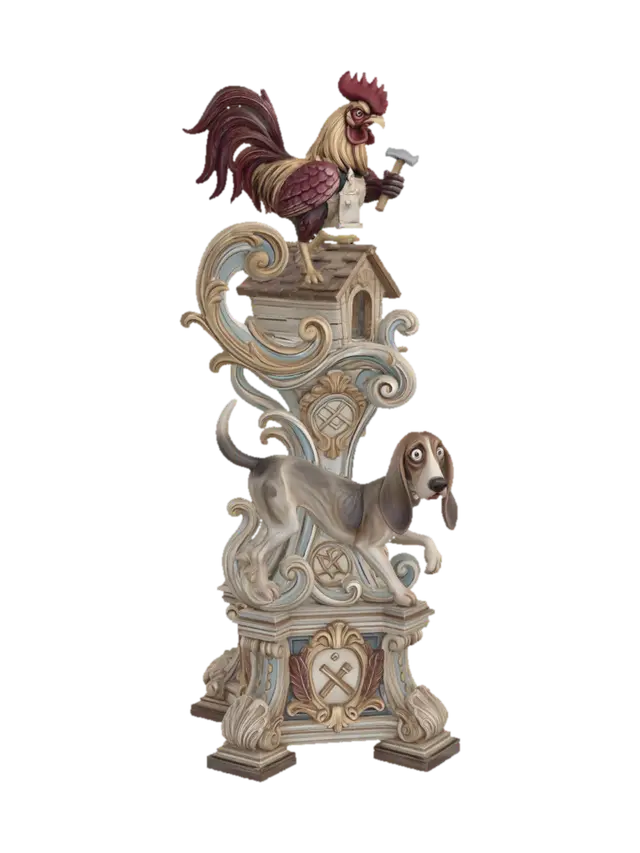 3D model for Hyper-realistic wooden carved Rococo–Art Nouveau caricatural chibi dual-figure statue of a furious rooster carpenter hammering atop a doghouse while a terrified hound stretches awkwardly beneath it. The rooster feathers, wooden architecture and elongated dog anatomy dissolve into monumental S-waved Rococo scrollwork and dynamic Art Nouveau ribbons forming a comedic console-pillar. Hammer motifs, carpentry insignias, feathers and geometric decorative emblems abstract into ornate cartouches and curling rocaille volutes integrated throughout the structure. The doghouse itself morphs into a layered architectural pedestal with shell-like supports Material: hardwood. Polychrome: deep rich colourful tones ,vivid reds, creamy whites, faded blues and antique gold highlights