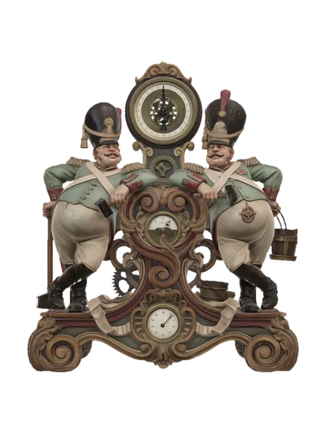 Modello 3D Hyper-realistic wooden carved Rococo–Art Nouveau caricatural dual-figure statue of… - Workers, generato dall’IA