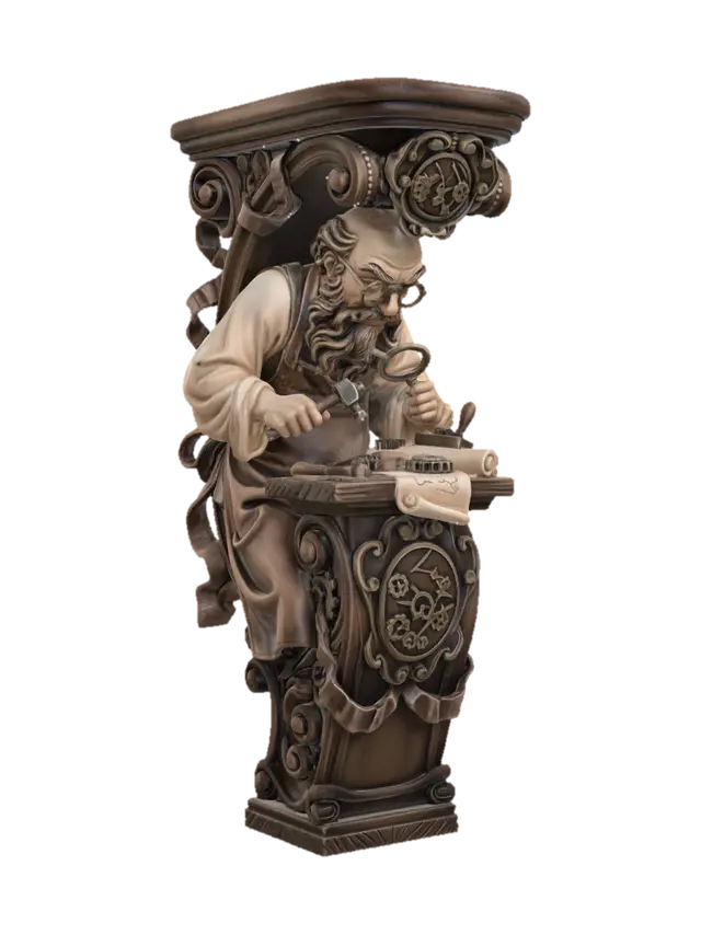 Modello 3D Hyper-realistic wooden carved Rococo–Art Nouveau caricatural chibi statue of an… - Watchmaker, generato dall’IA