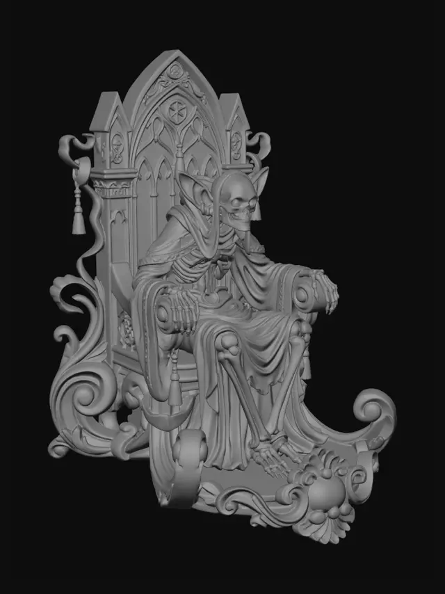 3D model for Hyper-realistic wooden carved Rococo–Art Nouveau caricatural undead skeletal oracle statue seated solemnly within an elaborate gothic architectural throne. Elongated skeletal anatomy, oversized ears and flowing robes dissolve into monumental S-curved Rococo scrollwork and elegant Art Nouveau drapery ribbons forming an integrated console-pillar. Architectural arches, sacred tassels and occult insignias abstract into decorative cartouches and curling rocaille volutes throughout the composition. The layered cloak expands outward into flowing ornamental structures with dramatic cathedral-like movement.Material: hardwood.Polychrome: deep rich colourful tones ,pale ivory bones, muted moss greens, faded crimson fabrics and antique bronze highlights