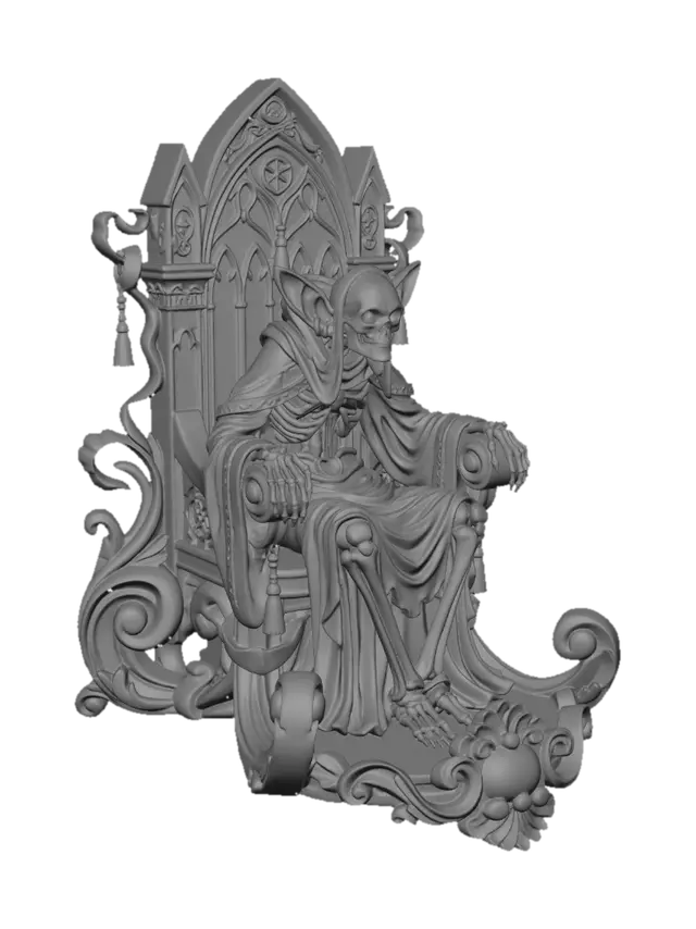 3D model for Hyper-realistic wooden carved Rococo–Art Nouveau caricatural undead skeletal oracle statue seated solemnly within an elaborate gothic architectural throne. Elongated skeletal anatomy, oversized ears and flowing robes dissolve into monumental S-curved Rococo scrollwork and elegant Art Nouveau drapery ribbons forming an integrated console-pillar. Architectural arches, sacred tassels and occult insignias abstract into decorative cartouches and curling rocaille volutes throughout the composition. The layered cloak expands outward into flowing ornamental structures with dramatic cathedral-like movement.Material: hardwood.Polychrome: deep rich colourful tones ,pale ivory bones, muted moss greens, faded crimson fabrics and antique bronze highlights
