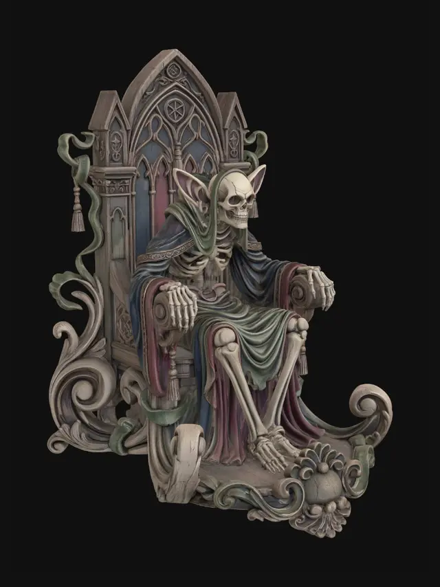 3D model for Hyper-realistic wooden carved Rococo–Art Nouveau caricatural undead skeletal oracle statue seated solemnly within an elaborate gothic architectural throne. Elongated skeletal anatomy, oversized ears and flowing robes dissolve into monumental S-curved Rococo scrollwork and elegant Art Nouveau drapery ribbons forming an integrated console-pillar. Architectural arches, sacred tassels and occult insignias abstract into decorative cartouches and curling rocaille volutes throughout the composition. The layered cloak expands outward into flowing ornamental structures with dramatic cathedral-like movement.Material: hardwood.Polychrome: deep rich colourful tones ,pale ivory bones, muted moss greens, faded crimson fabrics and antique bronze highlights