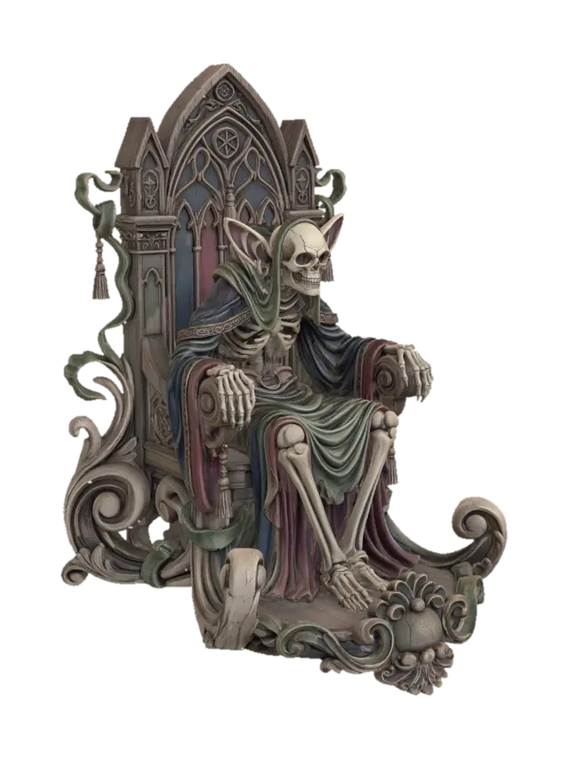 3D model for Hyper-realistic wooden carved Rococo–Art Nouveau caricatural undead skeletal oracle statue seated solemnly within an elaborate gothic architectural throne. Elongated skeletal anatomy, oversized ears and flowing robes dissolve into monumental S-curved Rococo scrollwork and elegant Art Nouveau drapery ribbons forming an integrated console-pillar. Architectural arches, sacred tassels and occult insignias abstract into decorative cartouches and curling rocaille volutes throughout the composition. The layered cloak expands outward into flowing ornamental structures with dramatic cathedral-like movement.Material: hardwood.Polychrome: deep rich colourful tones ,pale ivory bones, muted moss greens, faded crimson fabrics and antique bronze highlights