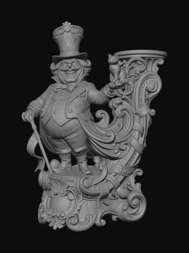 3D model for Hyper-realistic wooden carved Rococo–Art Nouveau caricatural statue of a flamboyant circus ringmaster with oversized torso, theatrical grin and towering top hat presenting a tiny striped feline companion. Coat tails and bowtie explode outward into monumental S-curved Rococo wave-scrolls and elegant Art Nouveau ribbons integrated into a towering console-pillar. Cane, circus banners and carnival motifs dissolve into decorative cartouches, shell volutes and curling ornamental filigree. The tiny feline transforms into playful rocaille flourishes embedded within the structure. Fabric folds flow dramatically into sweeping carved drapery forms with exaggerated theatrical rhythm. Material: hardwood.Polychrome: deep rich colourful tones