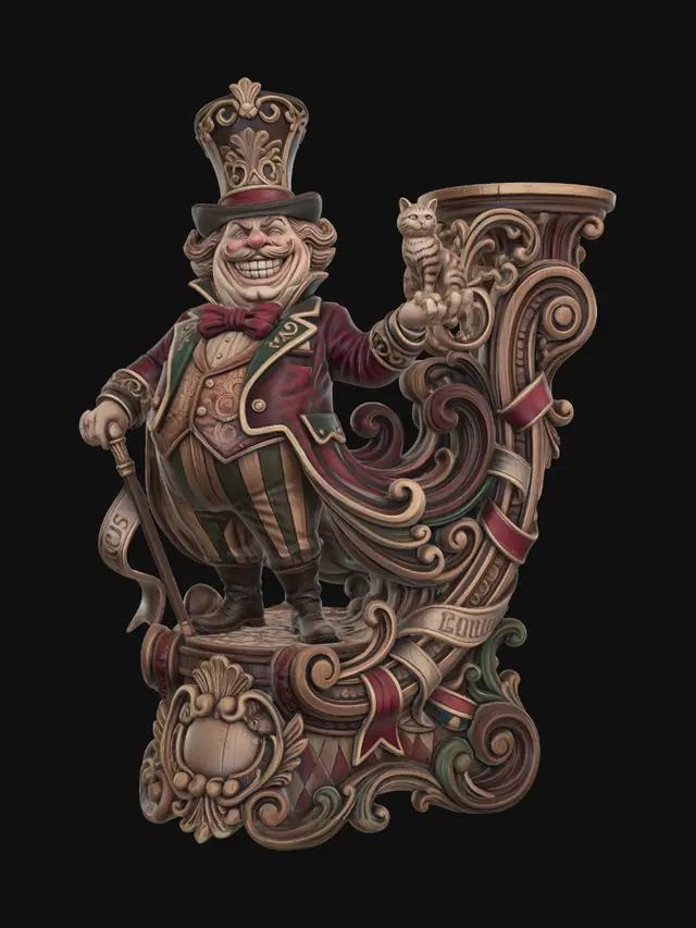 3D model for Hyper-realistic wooden carved Rococo–Art Nouveau caricatural statue of a flamboyant circus ringmaster with oversized torso, theatrical grin and towering top hat presenting a tiny striped feline companion. Coat tails and bowtie explode outward into monumental S-curved Rococo wave-scrolls and elegant Art Nouveau ribbons integrated into a towering console-pillar. Cane, circus banners and carnival motifs dissolve into decorative cartouches, shell volutes and curling ornamental filigree. The tiny feline transforms into playful rocaille flourishes embedded within the structure. Fabric folds flow dramatically into sweeping carved drapery forms with exaggerated theatrical rhythm. Material: hardwood.Polychrome: deep rich colourful tones