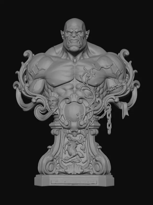 3D model for Hyper-realistic wooden carved Rococo–Art Nouveau caricatural bust of a massive muscular ogre with scarred green skin, heavy brow and exaggerated heroic anatomy. Bulging shoulders and brutal musculature expand outward into monumental S-waved Rococo scrollwork and powerful Art Nouveau structural ribbons forming a colossal console-pillar. Tribal insignias, swamp flora, broken chains and monstrous heraldic emblems abstract into layered decorative cartouches and dramatic volutes throughout the composition. Skin scars and veins merge into flowing carved wood grain textures. .Material: hardwood.Polychrome: deep rich colourful tones