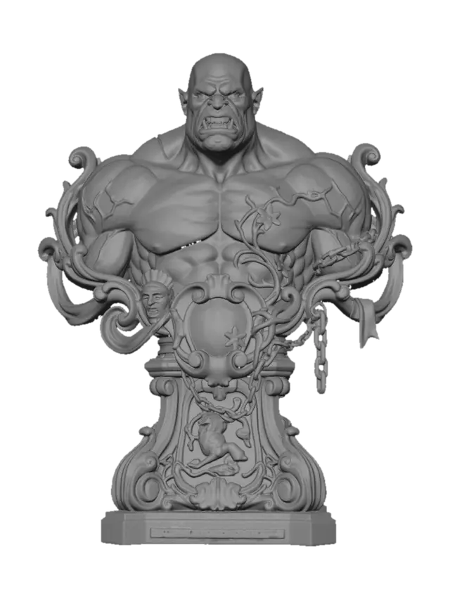 3D model for Hyper-realistic wooden carved Rococo–Art Nouveau caricatural bust of a massive muscular ogre with scarred green skin, heavy brow and exaggerated heroic anatomy. Bulging shoulders and brutal musculature expand outward into monumental S-waved Rococo scrollwork and powerful Art Nouveau structural ribbons forming a colossal console-pillar. Tribal insignias, swamp flora, broken chains and monstrous heraldic emblems abstract into layered decorative cartouches and dramatic volutes throughout the composition. Skin scars and veins merge into flowing carved wood grain textures. .Material: hardwood.Polychrome: deep rich colourful tones