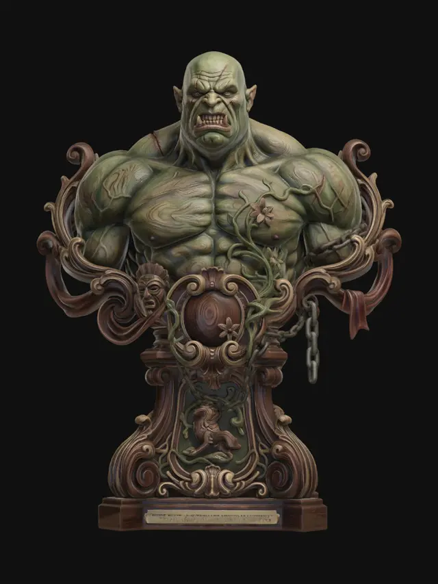 3D model for Hyper-realistic wooden carved Rococo–Art Nouveau caricatural bust of a massive muscular ogre with scarred green skin, heavy brow and exaggerated heroic anatomy. Bulging shoulders and brutal musculature expand outward into monumental S-waved Rococo scrollwork and powerful Art Nouveau structural ribbons forming a colossal console-pillar. Tribal insignias, swamp flora, broken chains and monstrous heraldic emblems abstract into layered decorative cartouches and dramatic volutes throughout the composition. Skin scars and veins merge into flowing carved wood grain textures. .Material: hardwood.Polychrome: deep rich colourful tones