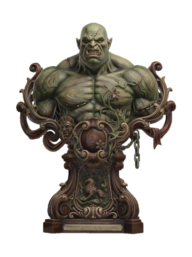 3D model for Hyper-realistic wooden carved Rococo–Art Nouveau caricatural bust of a massive muscular ogre with scarred green skin, heavy brow and exaggerated heroic anatomy. Bulging shoulders and brutal musculature expand outward into monumental S-waved Rococo scrollwork and powerful Art Nouveau structural ribbons forming a colossal console-pillar. Tribal insignias, swamp flora, broken chains and monstrous heraldic emblems abstract into layered decorative cartouches and dramatic volutes throughout the composition. Skin scars and veins merge into flowing carved wood grain textures. .Material: hardwood.Polychrome: deep rich colourful tones