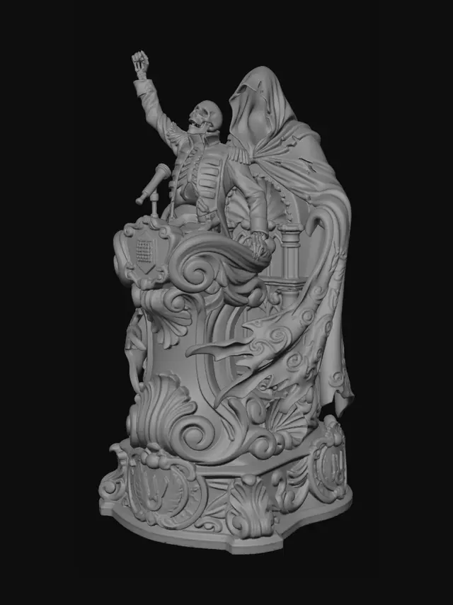 3D model for Hyper-realistic wooden carved Rococo–Art Nouveau undead skeletal rock-star statue standing triumphantly beside a towering grim reaper during a supernatural concert spectacle. The skeleton performer raises a bony fist victoriously while the fitted military-style jacket and dramatic stage pose dissolve into monumental S-curved Rococo scrollwork and flowing Art Nouveau ribbon architecture integrated into a massive console-pillar. The reaper’s cloak wraps around the structure as layered ornamental volutes and shell-like gothic forms. Musical emblems, microphone motifs, skeletal laurels and concert insignias abstract into decorative cartouches embedded throughout the sculpture. Material: hardwood. Polychrome: golden jacket tones, ivory skeletal anatomy, black shadow tones subtle crimson accents