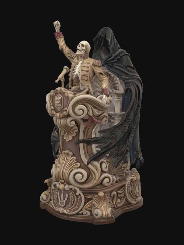 3D model for Hyper-realistic wooden carved Rococo–Art Nouveau undead skeletal rock-star statue standing triumphantly beside a towering grim reaper during a supernatural concert spectacle. The skeleton performer raises a bony fist victoriously while the fitted military-style jacket and dramatic stage pose dissolve into monumental S-curved Rococo scrollwork and flowing Art Nouveau ribbon architecture integrated into a massive console-pillar. The reaper’s cloak wraps around the structure as layered ornamental volutes and shell-like gothic forms. Musical emblems, microphone motifs, skeletal laurels and concert insignias abstract into decorative cartouches embedded throughout the sculpture. Material: hardwood. Polychrome: golden jacket tones, ivory skeletal anatomy, black shadow tones subtle crimson accents