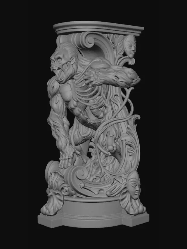 3D model for Hyper-realistic wooden carved Rococo–Art Nouveau terrifying undead gorilla titan statue in an aggressive forward-thundering pose, roaring with massive fanged jaws and exaggerated muscular anatomy. The colossal shoulders and elongated arms twist outward into monumental S-waved Rococo scrollwork and layered Art Nouveau jungle-vine ribbons forming an integrated console-pillar. Fur textures dissolve into flowing carved acanthus filigree and botanical volutes wrapped around the pillar structure. Jungle roots, broken bones, tribal relics and predatory beast emblems abstract into decorative cartouches embedded throughout the sculpture. Massive claws merge into shell-like rocaille structures and cracked organic ornament. Material:hardwood Polychrome:weary deep rich colourful colours and pale skin