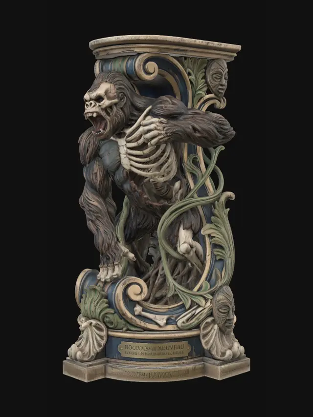 3D model for Hyper-realistic wooden carved Rococo–Art Nouveau terrifying undead gorilla titan statue in an aggressive forward-thundering pose, roaring with massive fanged jaws and exaggerated muscular anatomy. The colossal shoulders and elongated arms twist outward into monumental S-waved Rococo scrollwork and layered Art Nouveau jungle-vine ribbons forming an integrated console-pillar. Fur textures dissolve into flowing carved acanthus filigree and botanical volutes wrapped around the pillar structure. Jungle roots, broken bones, tribal relics and predatory beast emblems abstract into decorative cartouches embedded throughout the sculpture. Massive claws merge into shell-like rocaille structures and cracked organic ornament. Material:hardwood Polychrome:weary deep rich colourful colours and pale skin