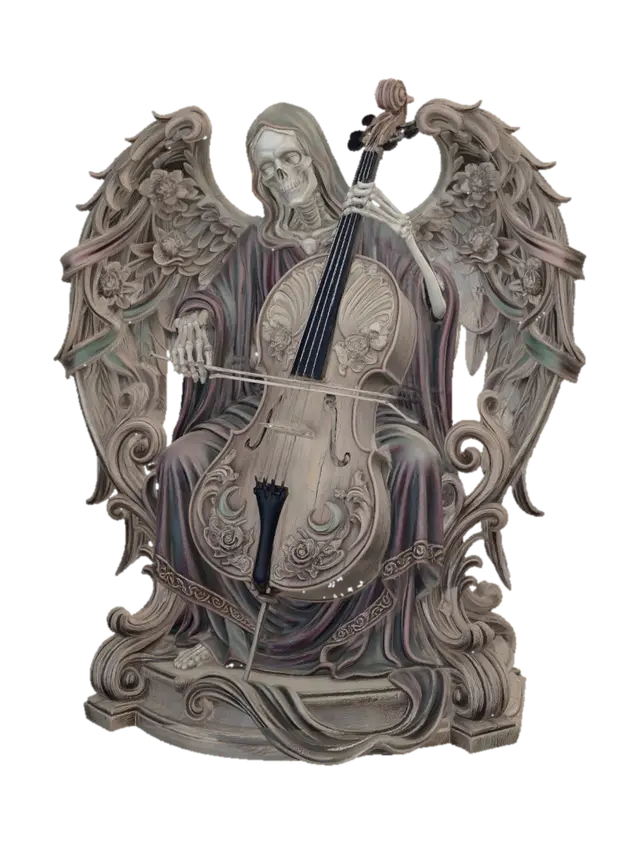 Modelo 3D de Hyper-realistic wooden carved Rococo–Art Nouveau terrifying undead skeletal angel…, gerado por IA