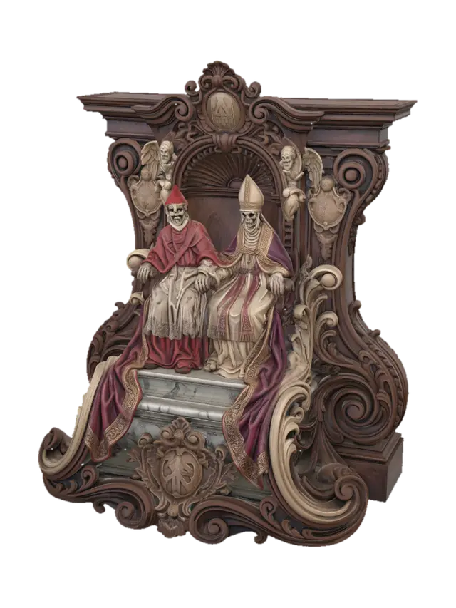 Hyper-realistic wooden carved Rococo–Art Nouveau undead skeletal cardinal and… - Funerary 3D model, vytvořený pomocí AI