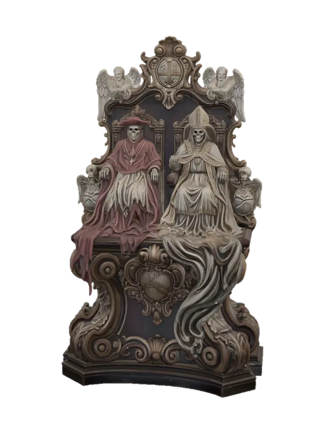 Hyper-realistic wooden carved Rococo–Art Nouveau undead skeletal cardinal and… - Funerary 3D model, vytvořený pomocí AI