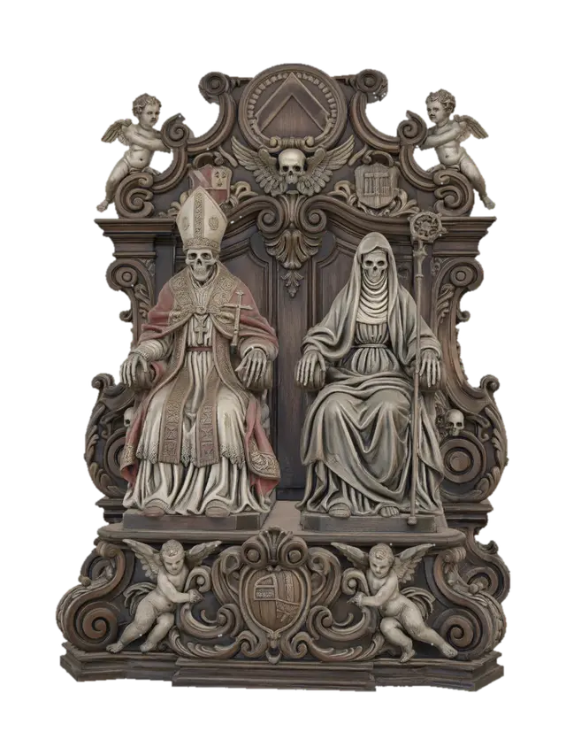 Hyper-realistic wooden carved Rococo–Art Nouveau undead skeletal cardinal and… - Funerary 3D model, vytvořený pomocí AI