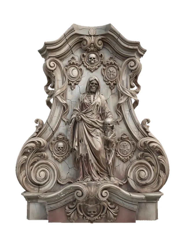 Hyper-realistic wooden carved Rococo–Art Nouveau undead skeletal mother and child… 3D model, vytvořený pomocí AI